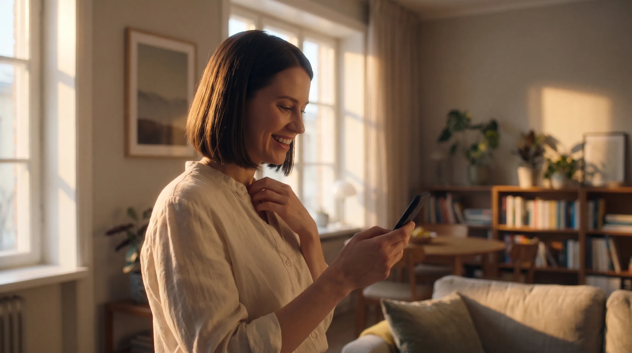 A woman at home by a window, smiling as she reads her phone