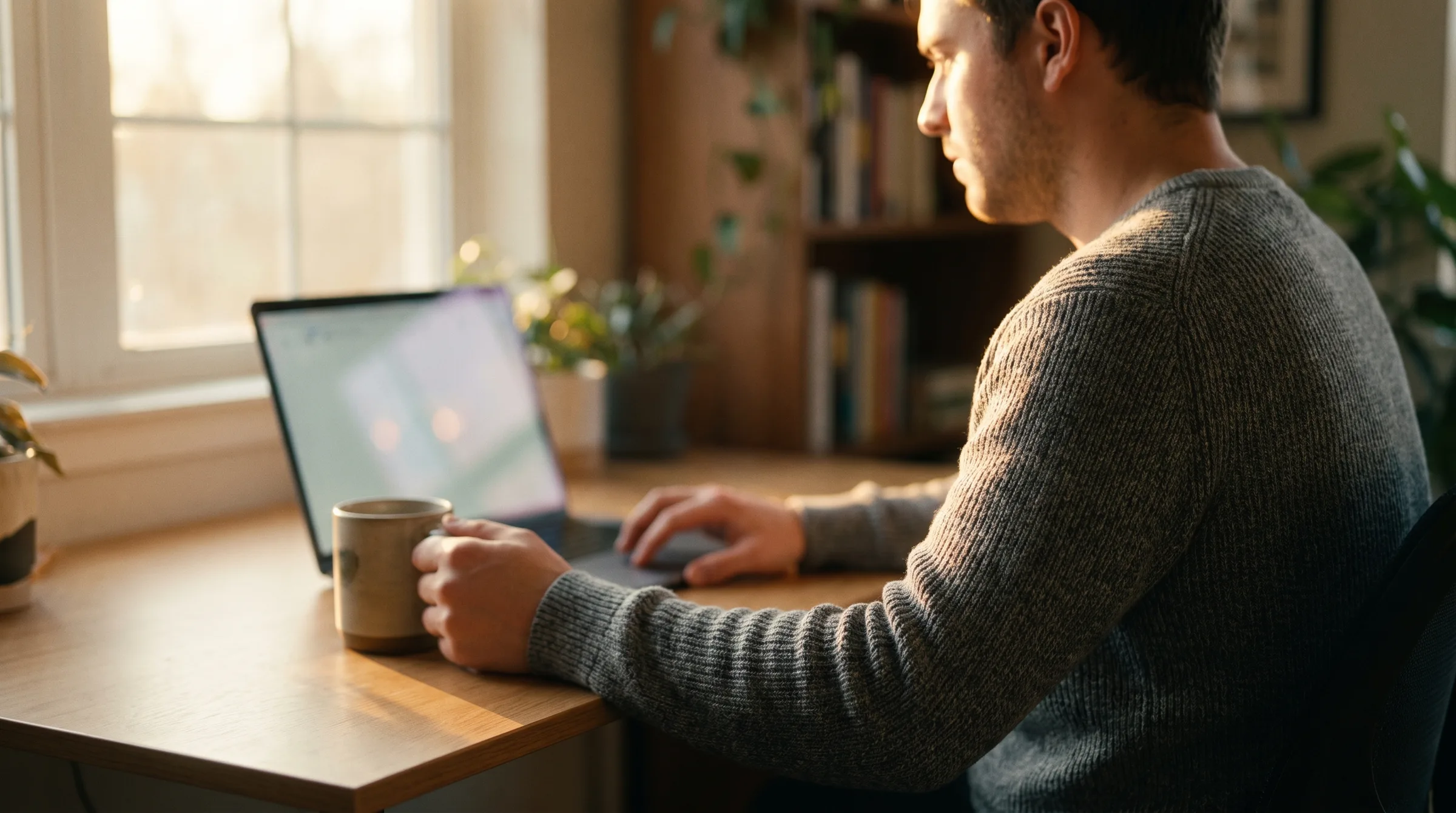 A man at a laptop, reviewing a reply before it is sent