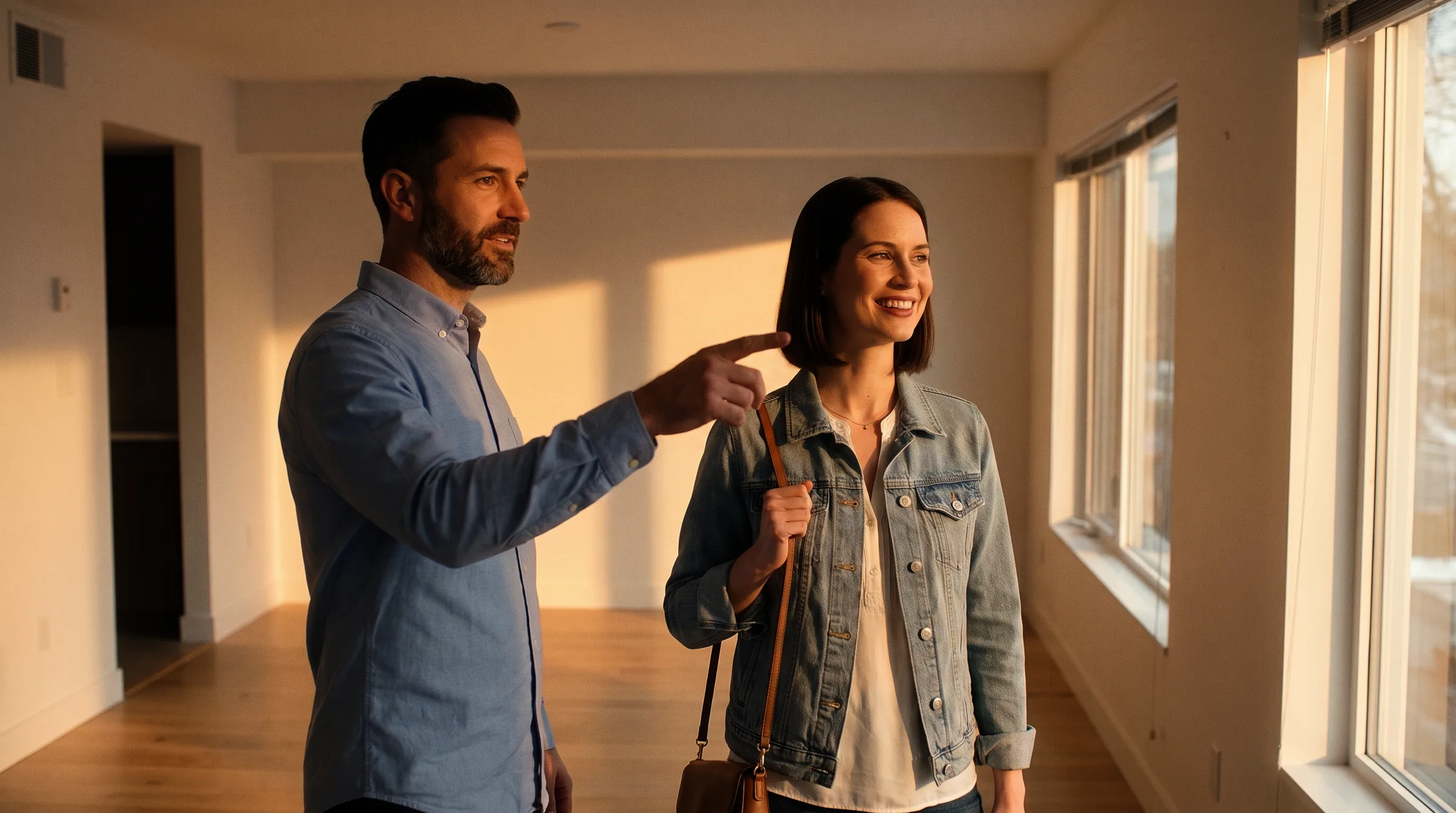 A leasing agent shows a renter an empty apartment
